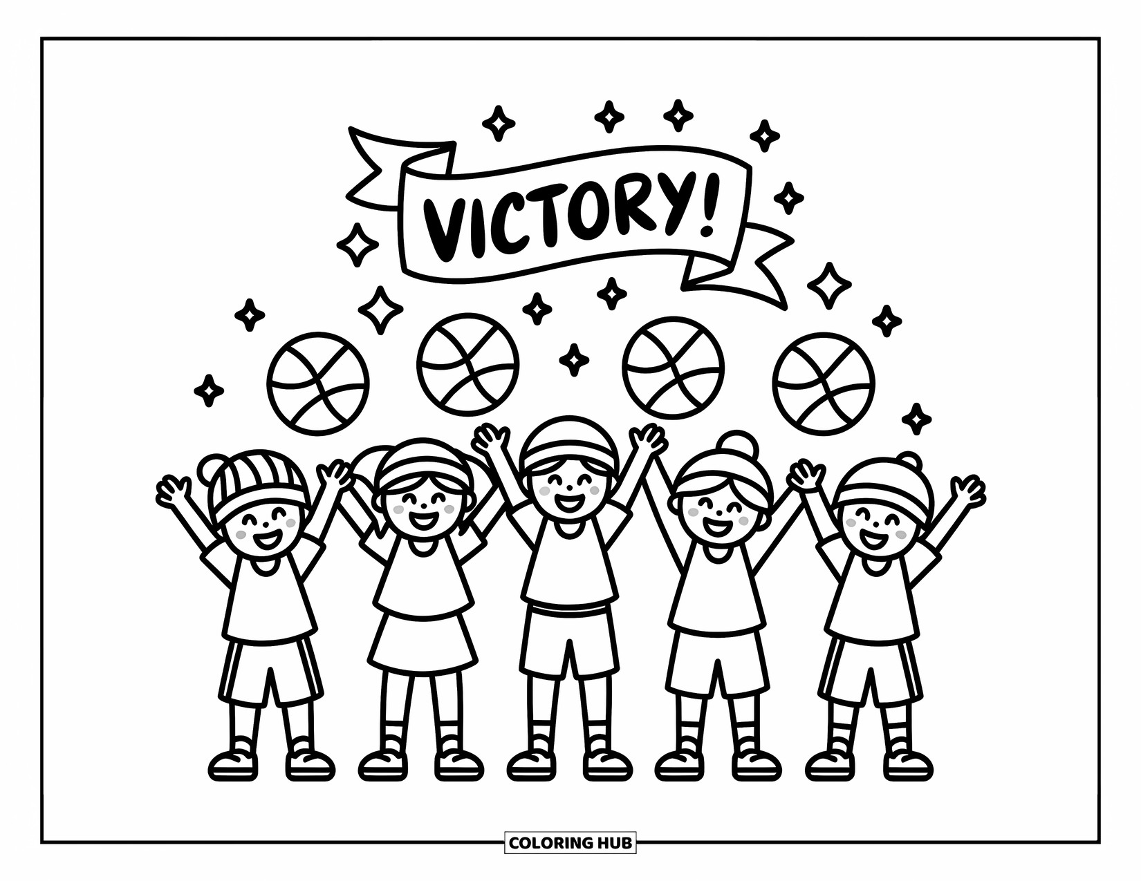 Dibujo de baloncesto para colorear para adultos: Un equipo alegre de niños chibi celebra bajo una pancarta juguetona de "¡Victoria!"
