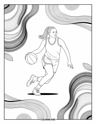 Coloriage de basketball pour adultes : Un joueur dribble avec fluidité tandis que des formes courbes et des dessins souples remplissent l’espace