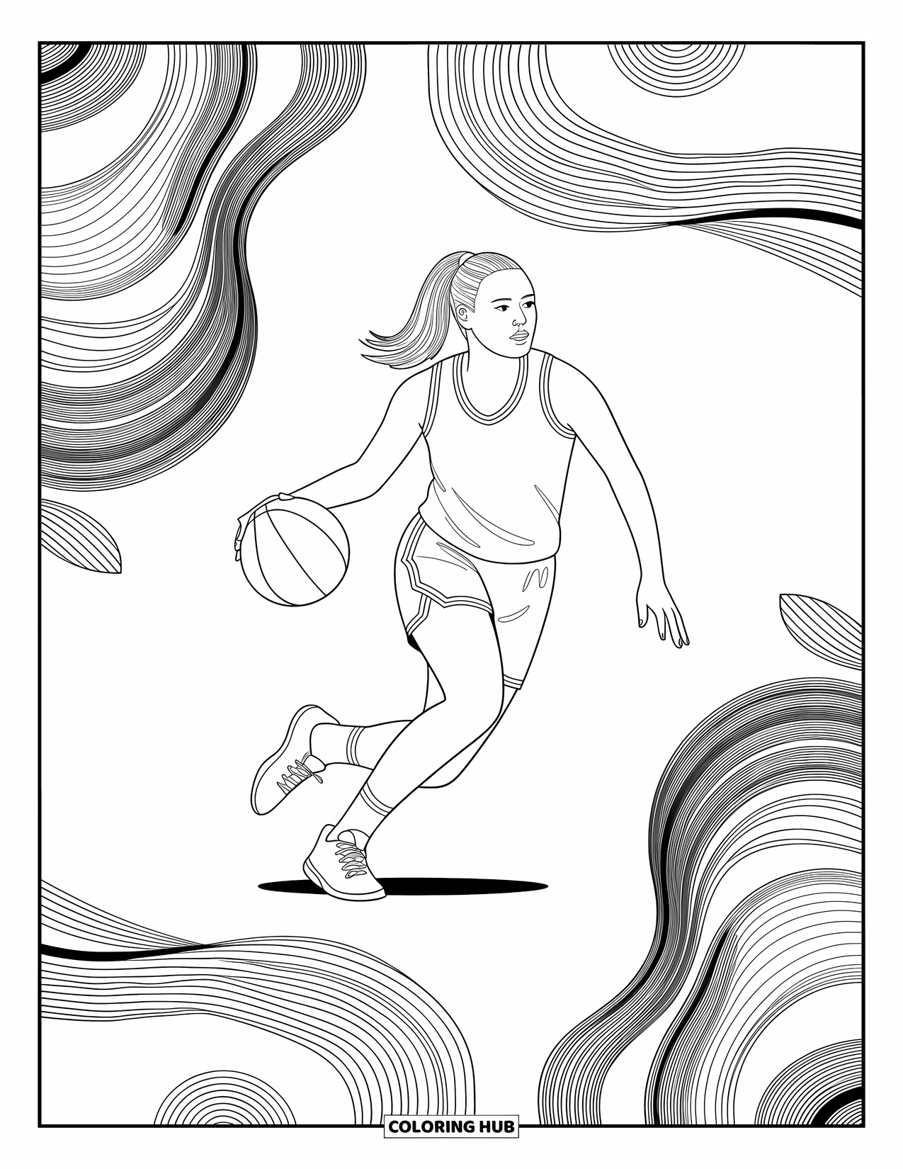 Dibujo de baloncesto para colorear para adultos: Un jugador regatea suavemente mientras formas curvas y diseños fluidos llenan el espacio