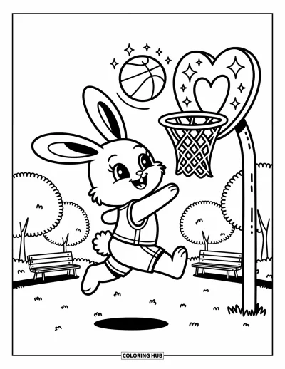 Coloriage de basketball pour adultes : Un lapin joueur tire vers un panier en forme de cœur, oreilles au vent et étoiles scintillantes autour