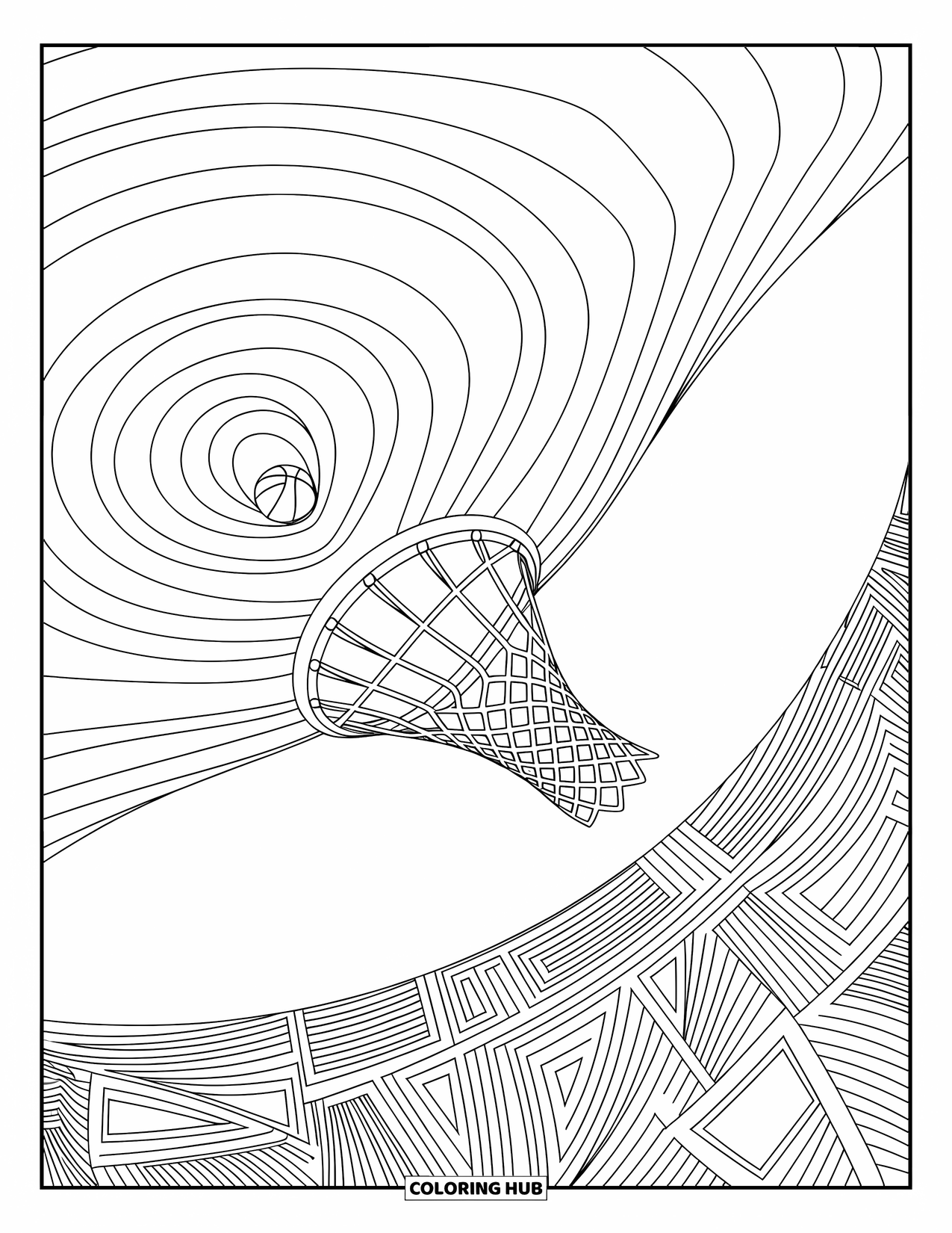 Dibujo de baloncesto para colorear para adultos: Un mate envía ondas y patrones hacia afuera en un impactante momento a cámara lenta