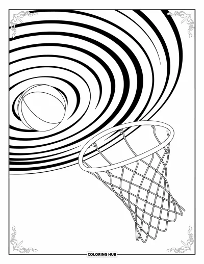 Coloriage de basketball pour adultes : Un slam dunk stylisé avec des ondulations tourbillonnantes et des motifs de fond très détaillés