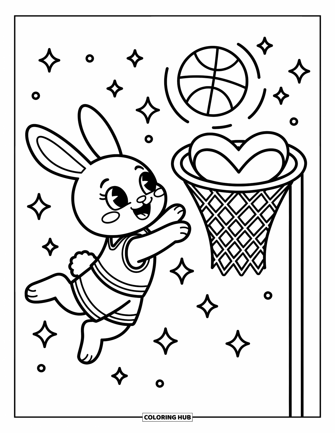 Dibujo de baloncesto para colorear para adultos: Un conejito diminuto salta con gracia, con el balón arremolinándose hacia una canasta de baloncesto brillante con forma de corazón