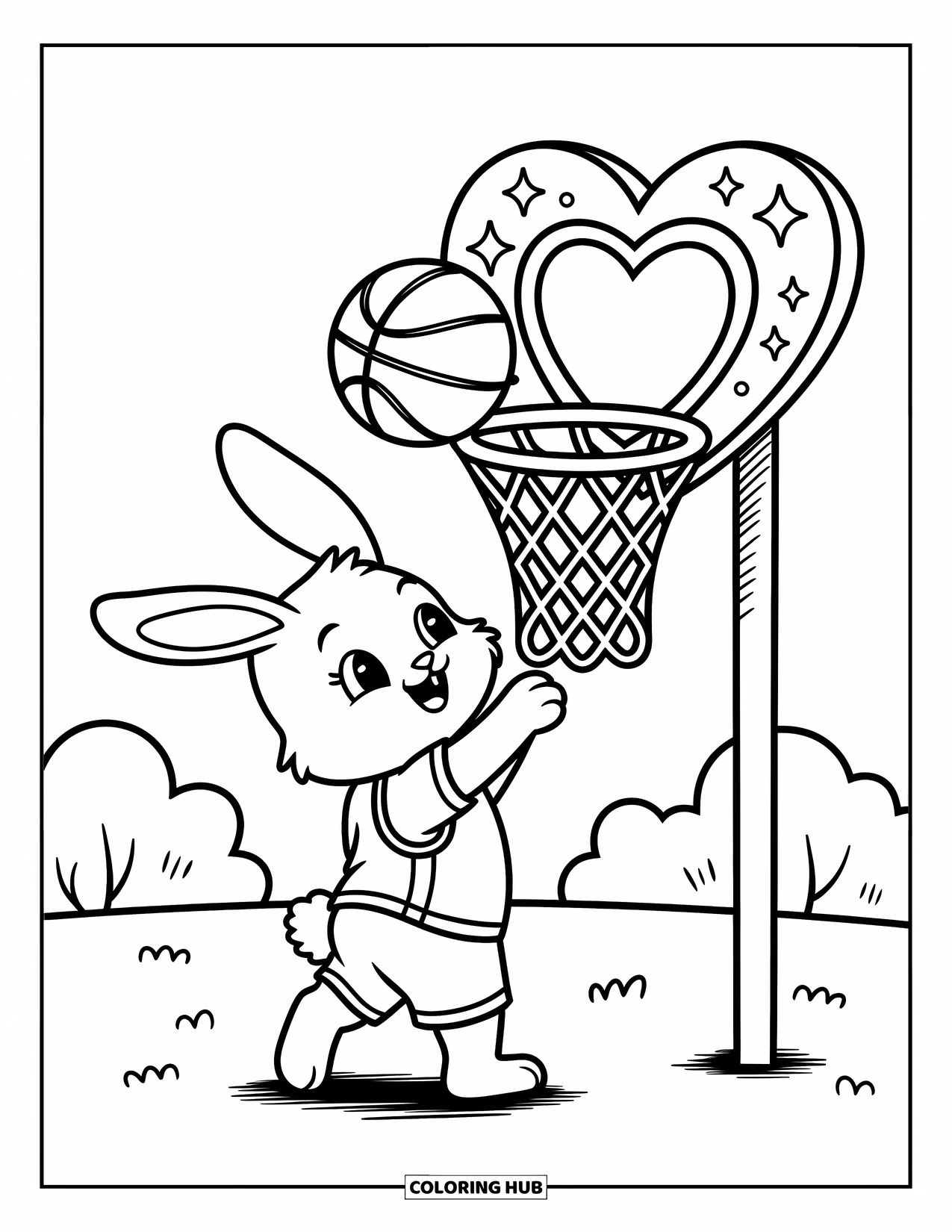 Dibujo de baloncesto para colorear para adultos: Un conejito diminuto salta para encestar en un aro con forma de corazón con destellos alrededor