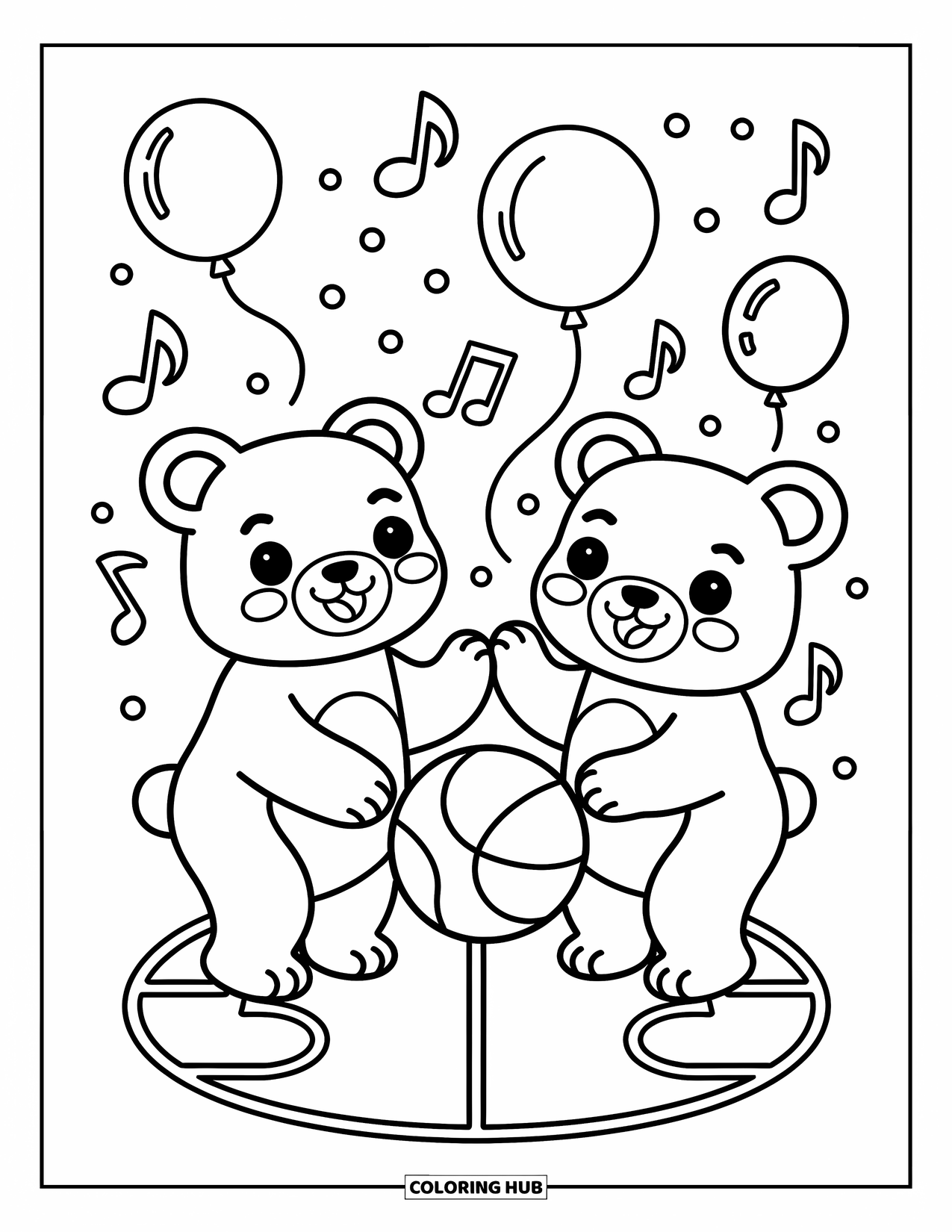 Dibujo de baloncesto para colorear para adultos: Unos osos adorables disfrutan de un juego de baloncesto juguetón, con notas musicales y globos flotando cerca