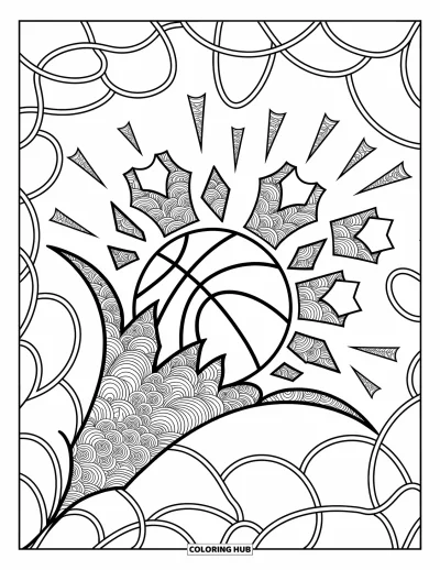 Coloriage de basketball pour adultes : Un ballon qui explose disperse des fragments à motifs en forme de filets et de maillots dans toute la scène