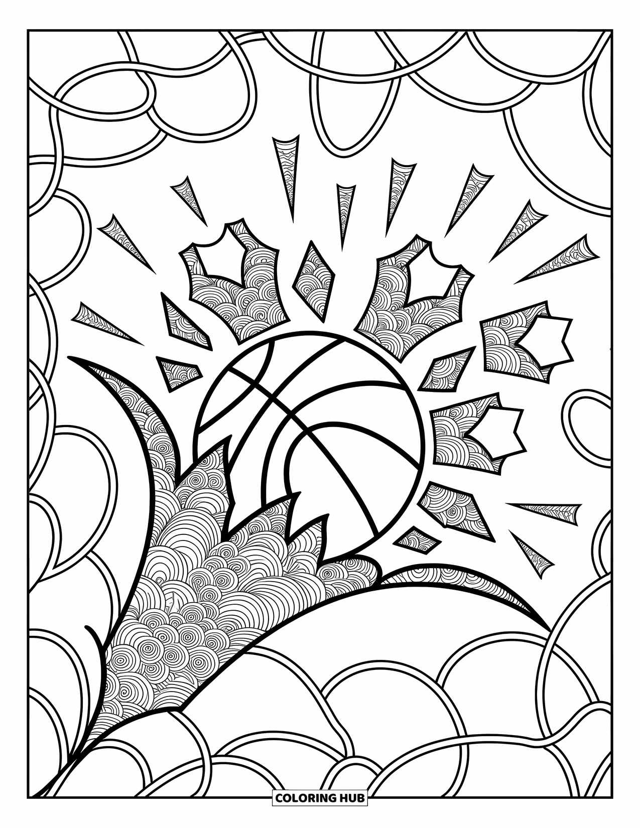 Dibujo de baloncesto para colorear para adultos: Un balón que explota dispersa piezas estampadas con forma de redes y camisetas por toda la escena