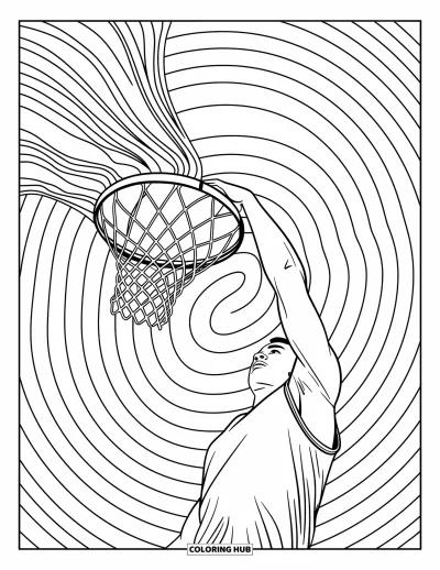 Coloriage de basketball pour adultes : Ballon en plein vol et filet qui se défait, capturés dans une scène de slam dunk dramatique pleine d’ondulations