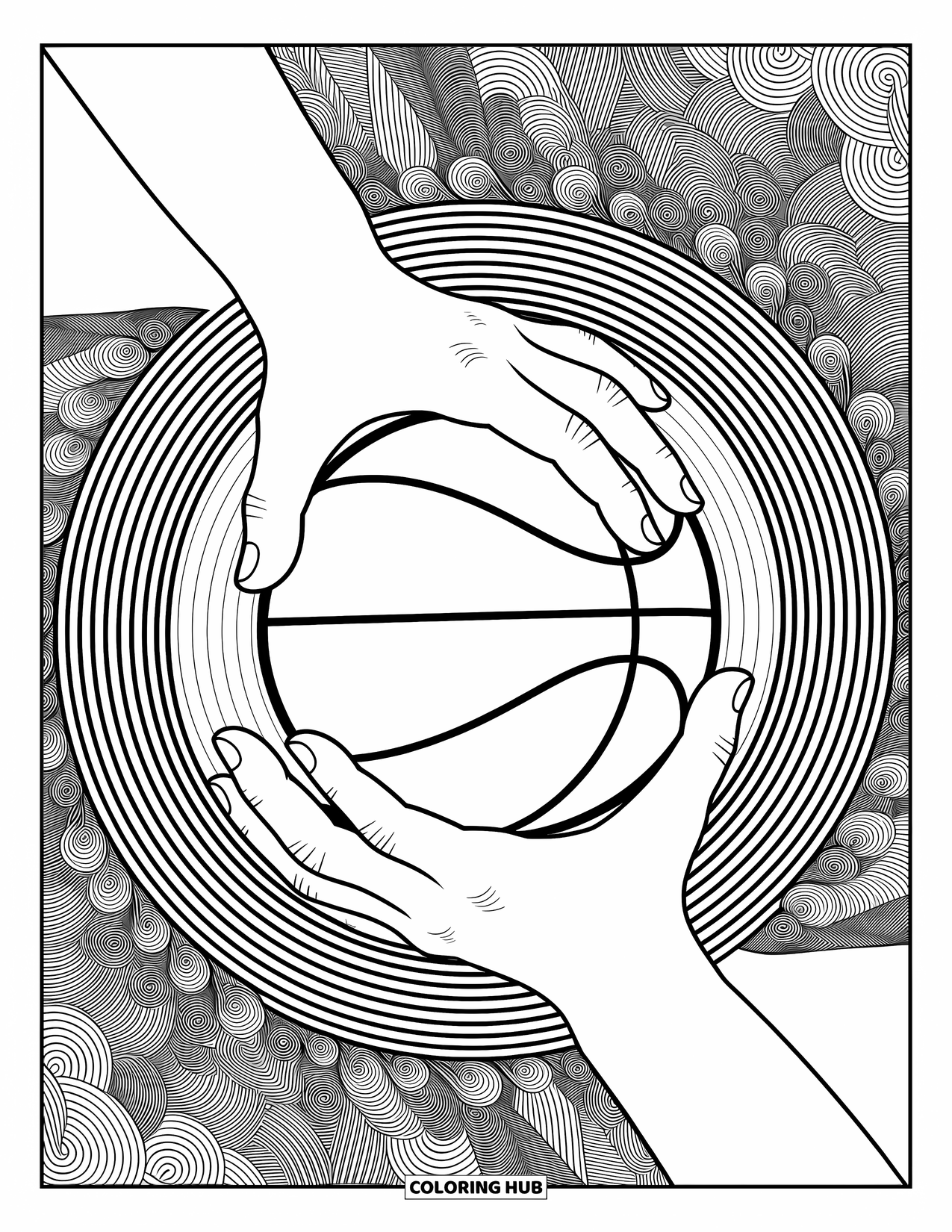 Dibujo de baloncesto para colorear para adultos: Baloncesto agarrado con fuerza mientras espirales y patrones llenan el fondo con un ritmo relajante