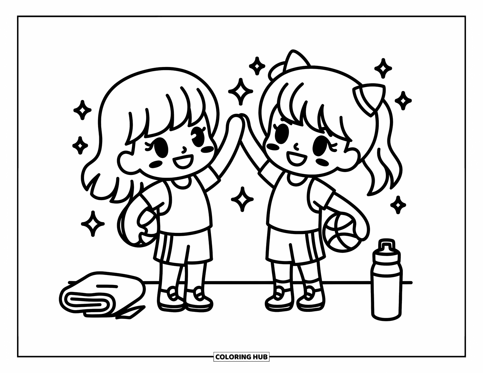 Dibujo de baloncesto para colorear para adultos: Unos amigos chibi celebran con un choque de manos, con detalles del balón de baloncesto y la cancha que añaden encanto