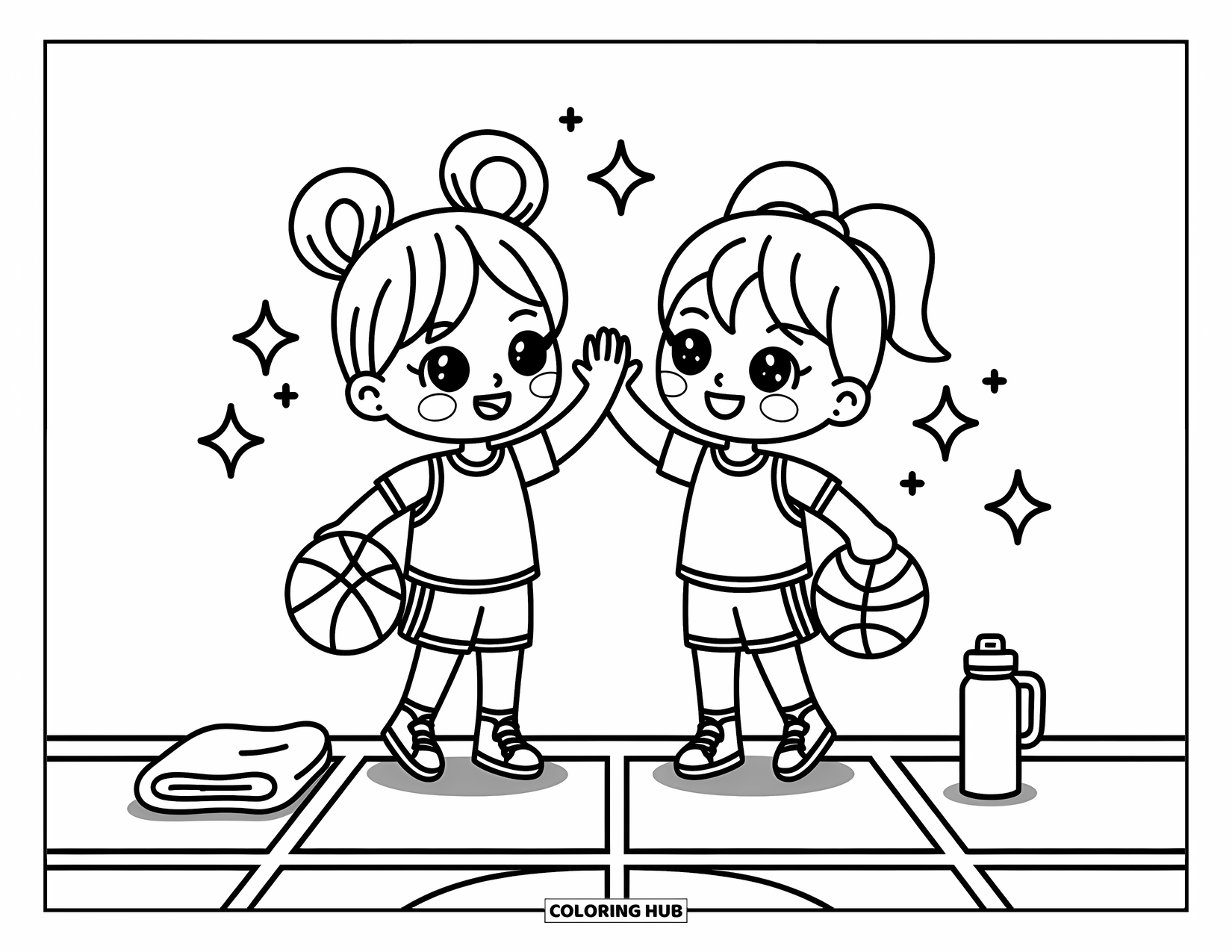 Dibujo de baloncesto para colorear para adultos: Unos amigos chibi celebran con un choque de manos, con destellos y líneas de movimiento que capturan el momento