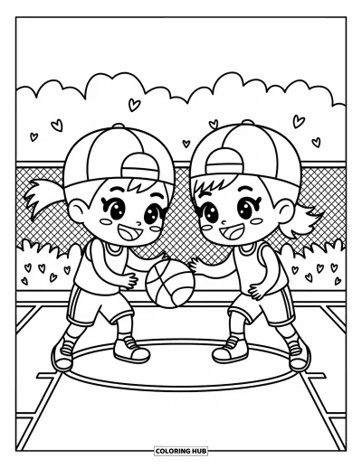 Coloriage de basketball pour adultes : Des amis chibi dribblent sur un mini-terrain, avec des gestes pleins d’énergie et de bonne humeur