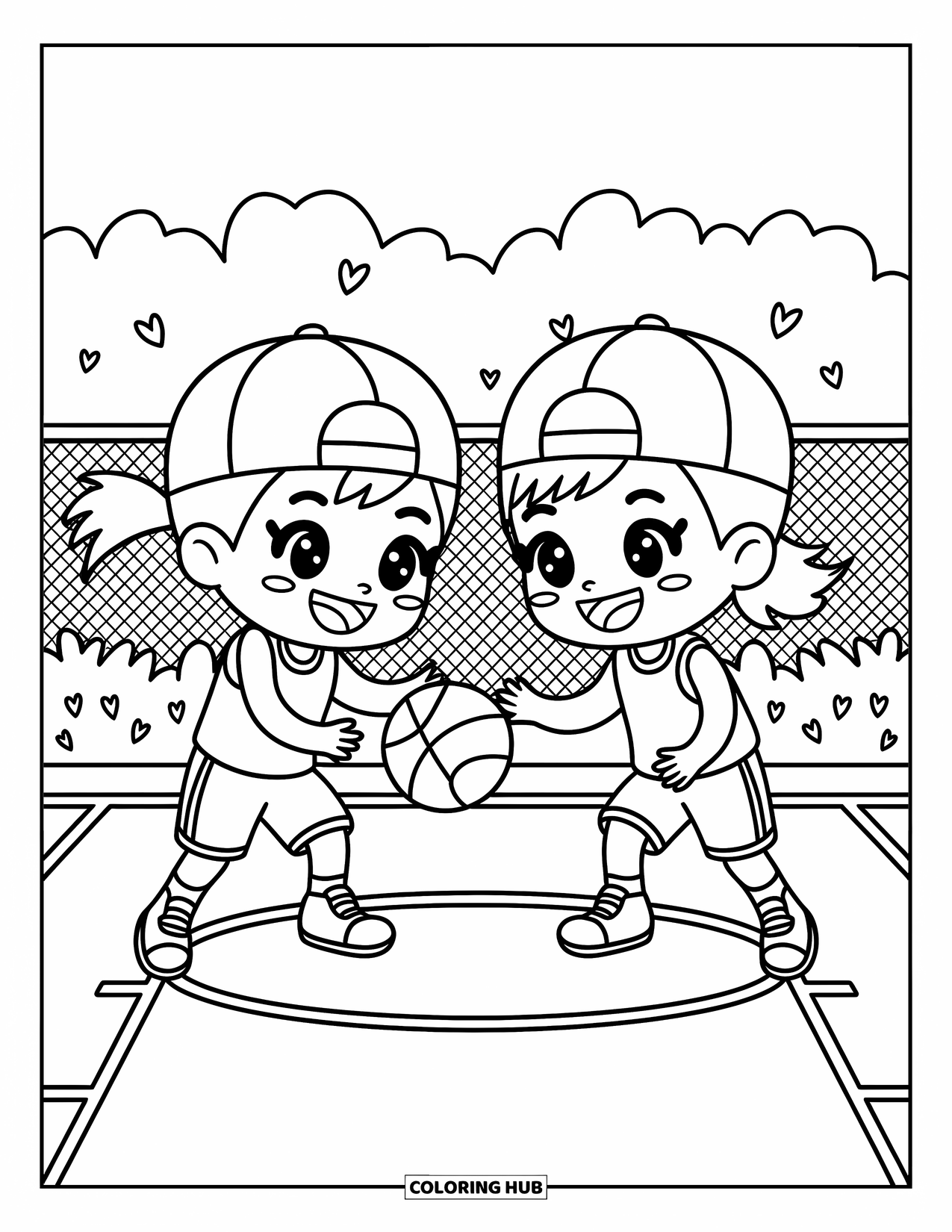 Dibujo de baloncesto para colorear para adultos: Unos amigos chibi botan el balón en una cancha pequeña, con movimientos llenos de energía y diversión