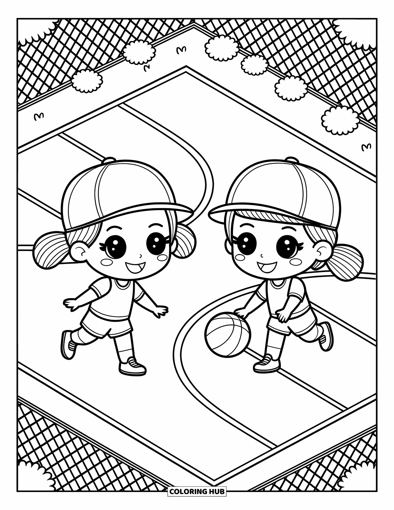 Dibujo de baloncesto para colorear para adultos: Niños chibi sonríen mientras regatean en un partido de baloncesto amistoso en una cancha acogedora al aire libre