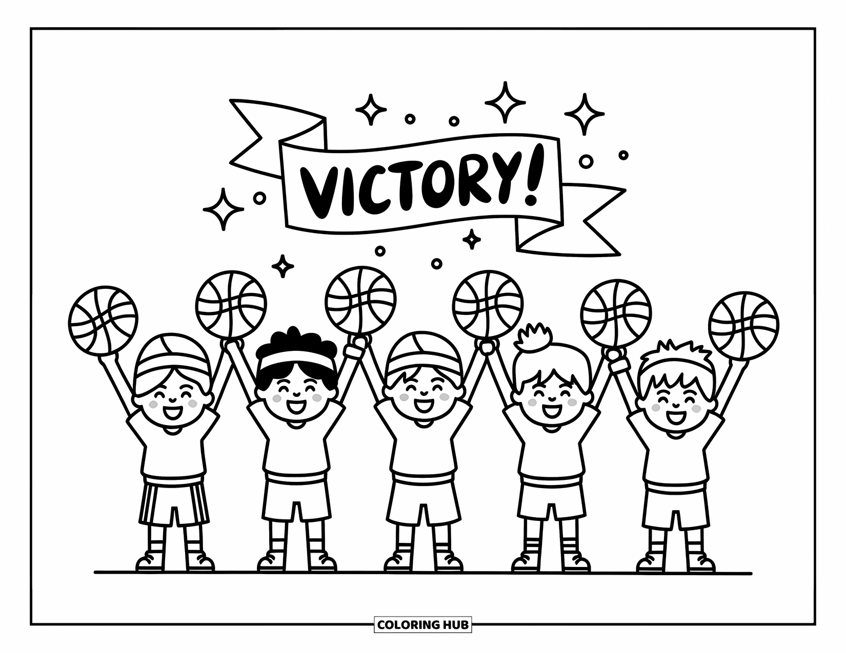 Dibujo de baloncesto para colorear para adultos: Unos compañeros de equipo chibi celebran una victoria con los brazos levantados y balones de baloncesto en el aire