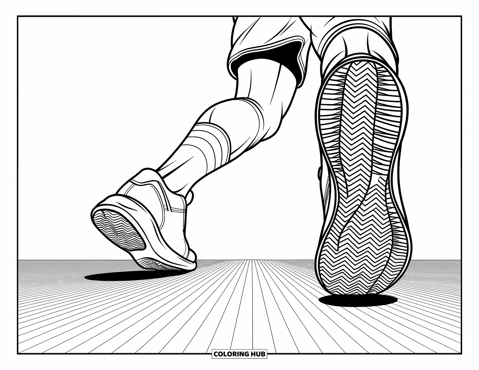Dibujo de baloncesto para colorear para adultos: Primer plano del juego de pies rápido con zapatillas estampadas y texturas rítmicas en el suelo
