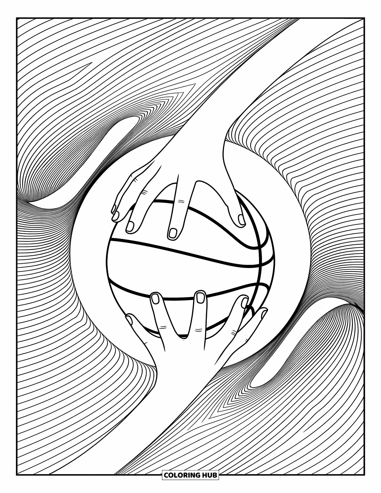 Dibujo de baloncesto para colorear para adultos: Primer plano de manos agarrando un balón de baloncesto, rodeado de patrones espirales relajantes