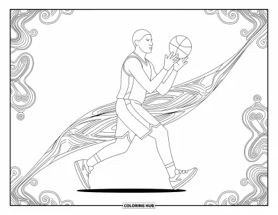 Coloriage de basketball pour adultes : Mouvement de crossover avec des motifs tourbillonnants et une pose dynamique pleine d’élan