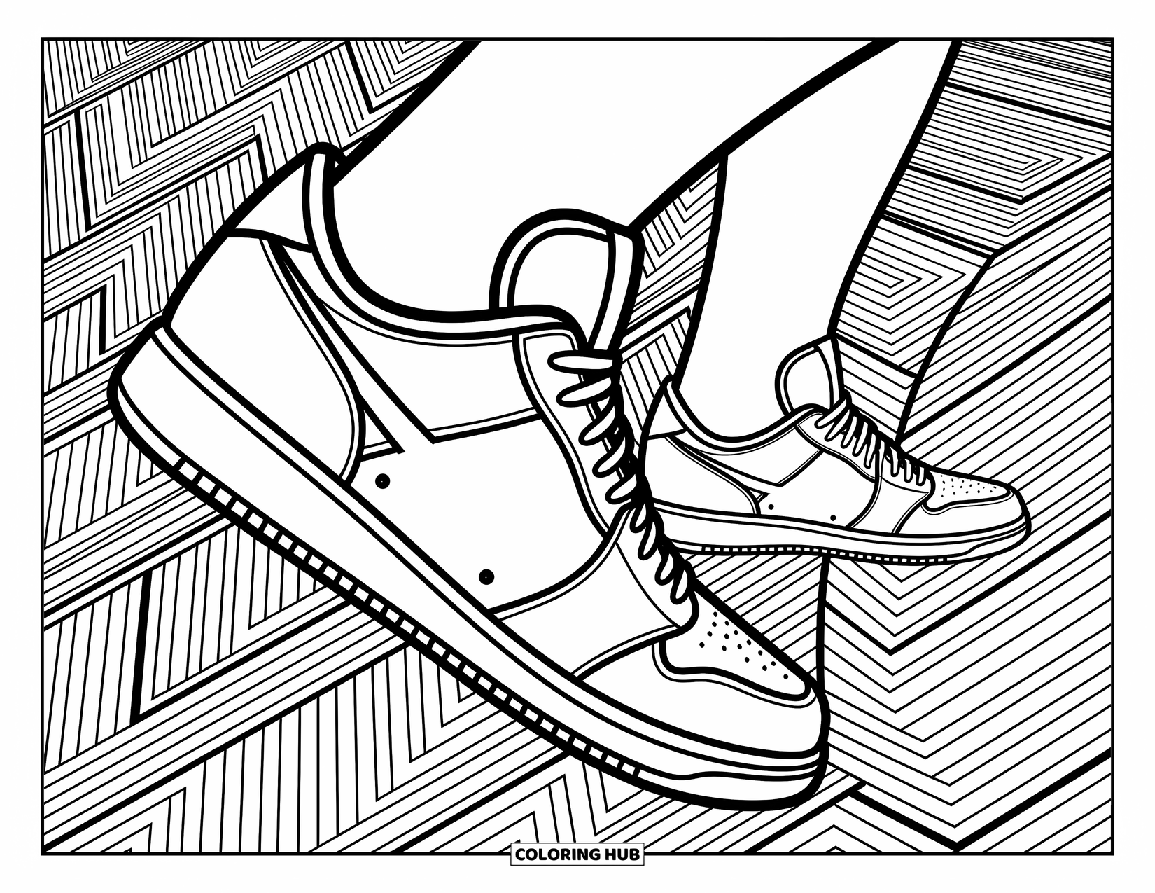 Dibujo de baloncesto para colorear para adultos: Juego de pies detallado y pisos estampados crean un ritmo visual dinámico y fluido