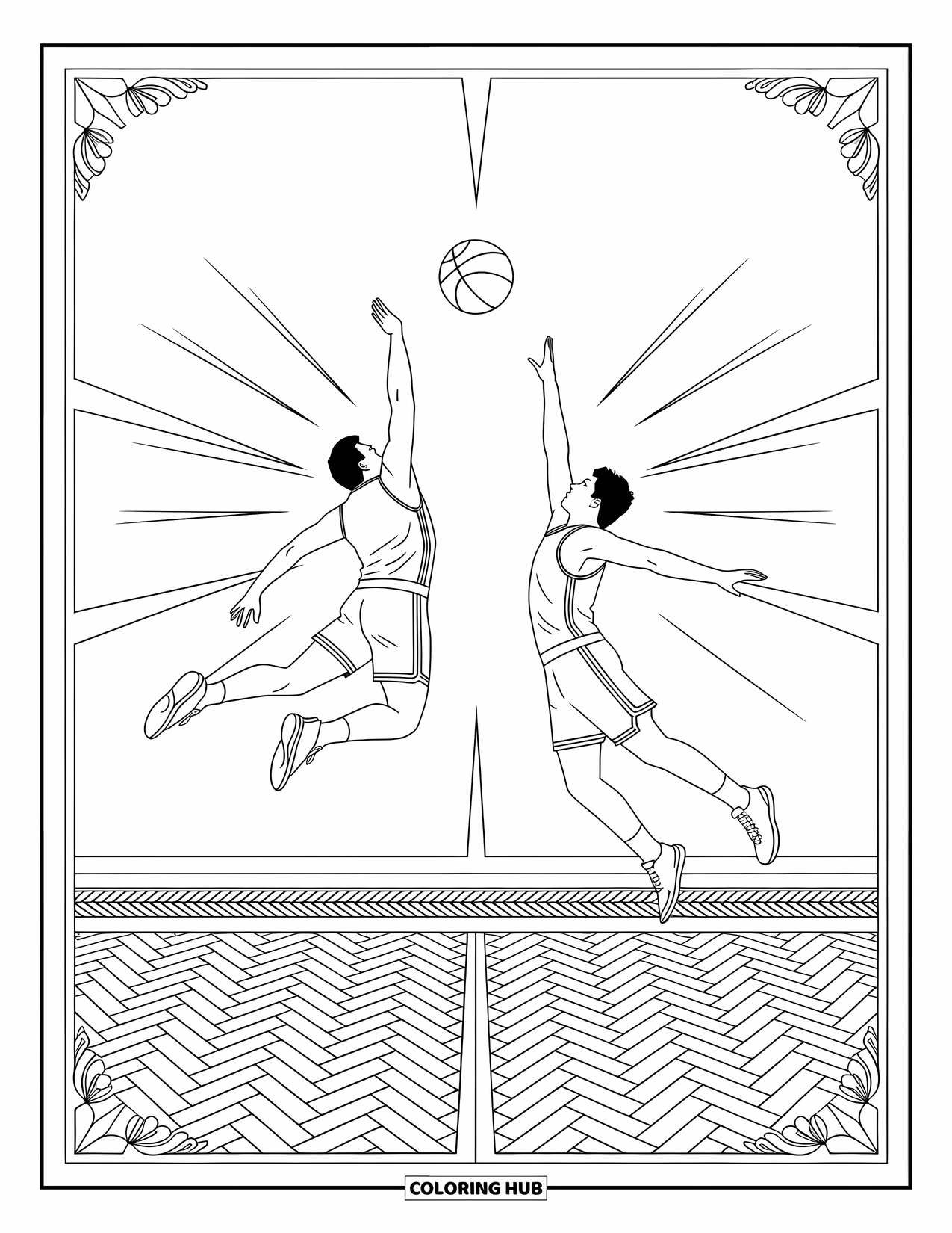 Dibujo de baloncesto para colorear para adultos: Dramático salto entre dos en el centro de la cancha con arcos elegantes y detalles de fondo estampados