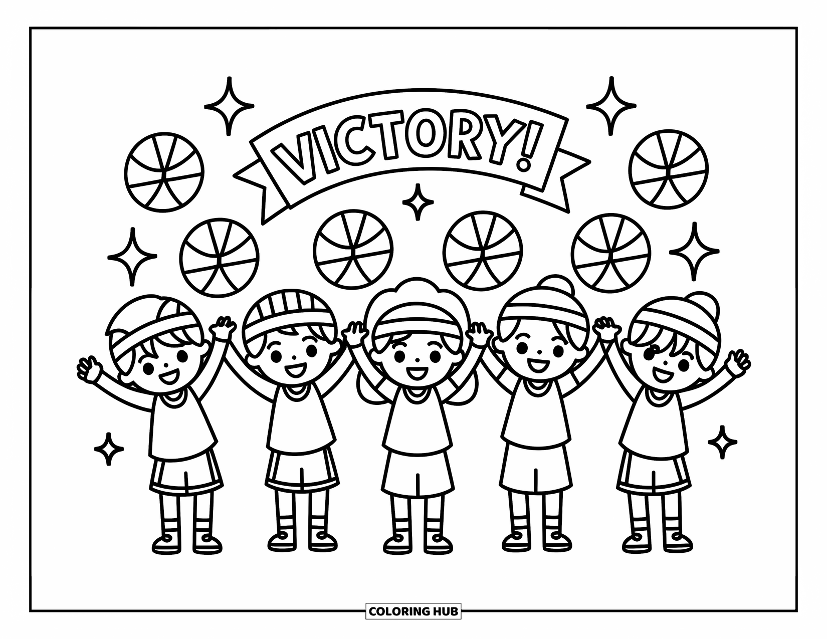 Dibujo de baloncesto para colorear para adultos: Cinco niños chibi emocionados levantan las manos, rodeados de balones de baloncesto flotantes y destellos