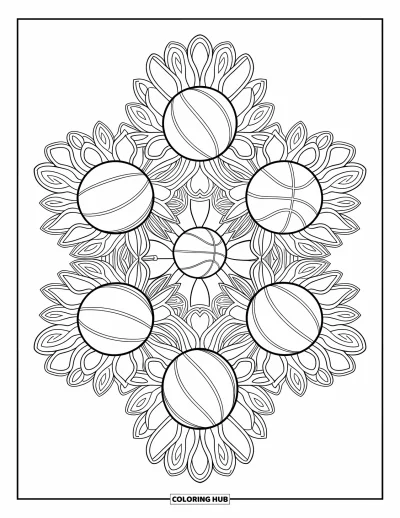 Coloriage de basketball pour adultes : Des motifs floraux s’ouvrent largement, chacun avec un ballon de basketball niché en son centre
