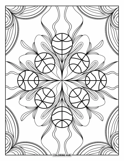 Coloriage de basketball pour adultes : Des fleurs éclatent en courbes douces et en lignes fines, chacune renfermant un ballon de basketball