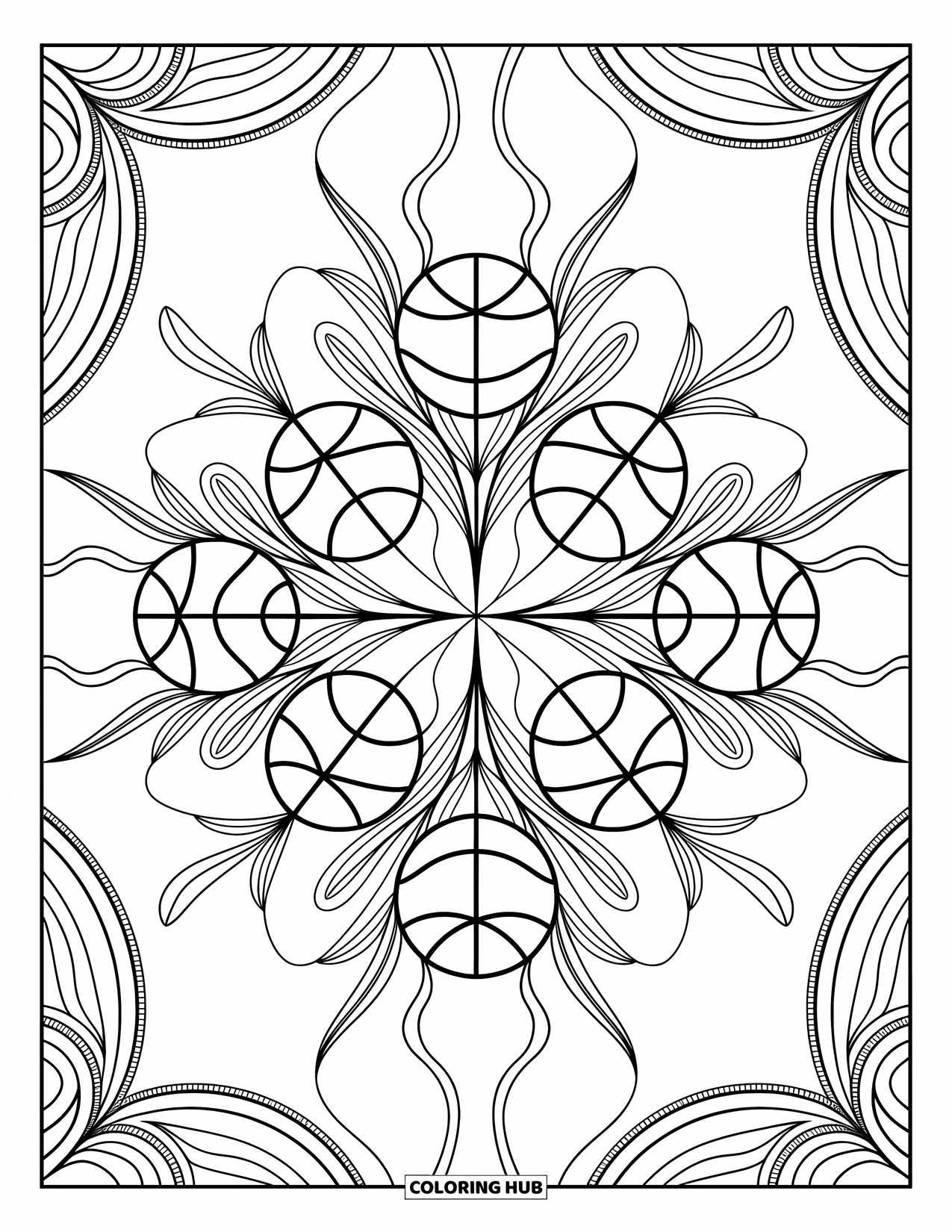 Dibujo de baloncesto para colorear para adultos: Flores estallan con curvas y líneas suaves, cada una sosteniendo un balón de baloncesto en su interior
