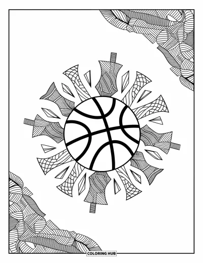 Coloriage de basketball pour adultes : Des fragments de ballon flottent au loin, remplis de motifs tissés et d’un mouvement délicat