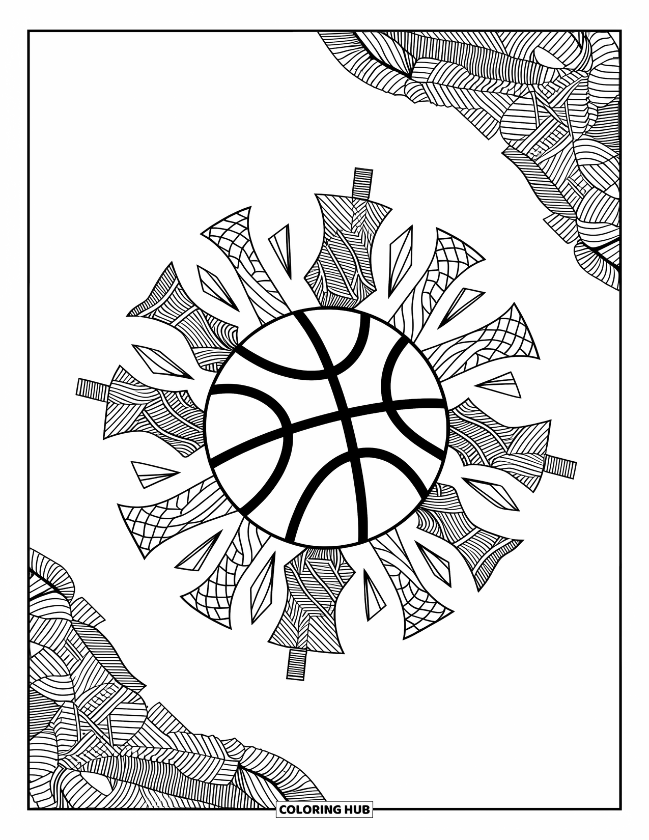 Dibujo de baloncesto para colorear para adultos: Fragmentos de un balón de baloncesto flotan hacia afuera, llenos de patrones tejidos y movimiento suave