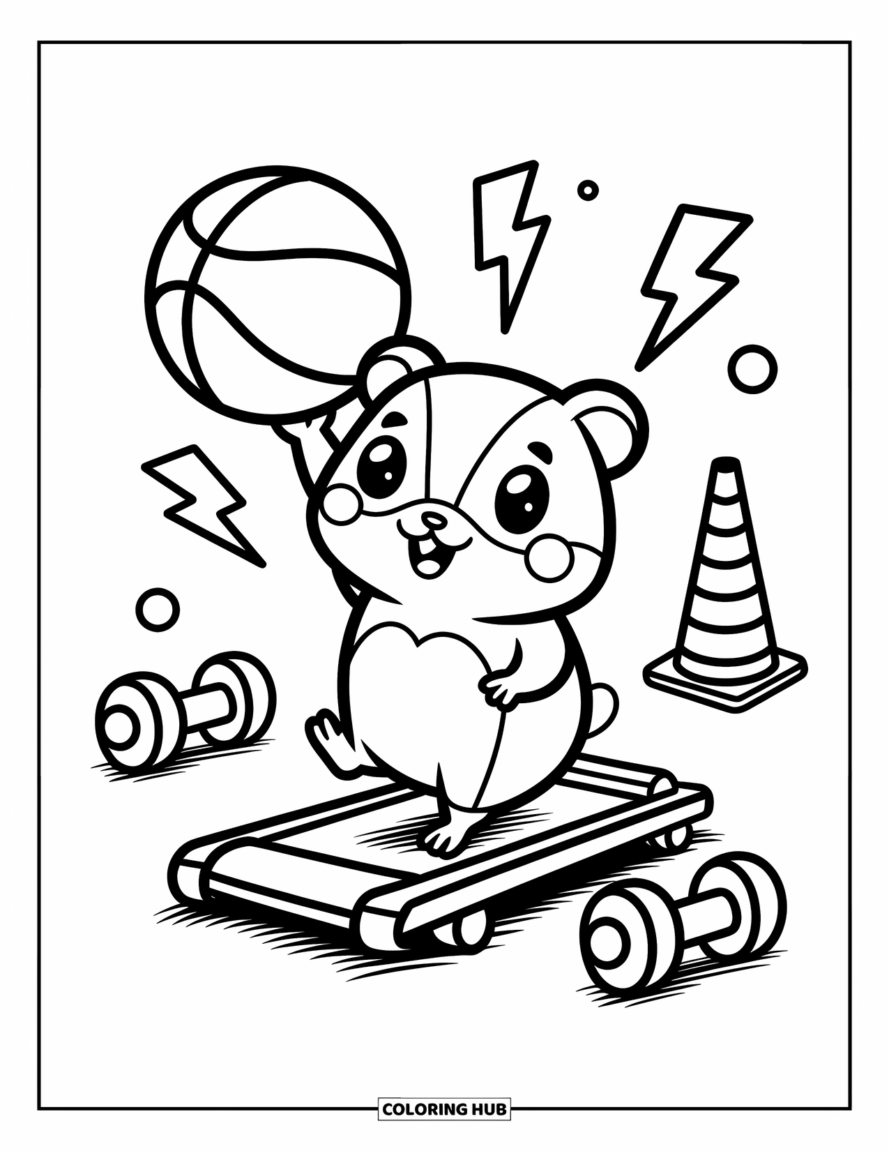 Dibujo de baloncesto para colorear para adultos: Un hámster corre feliz con un balón, rodeado de conos, pesas y relámpagos flotantes