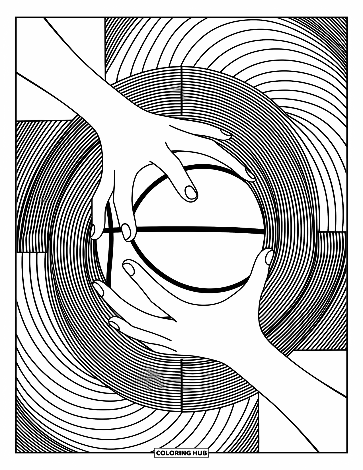 Dibujo de baloncesto para colorear para adultos: Manos y balón de baloncesto centrados dentro de espirales meditativas y elegantes detalles geométricos