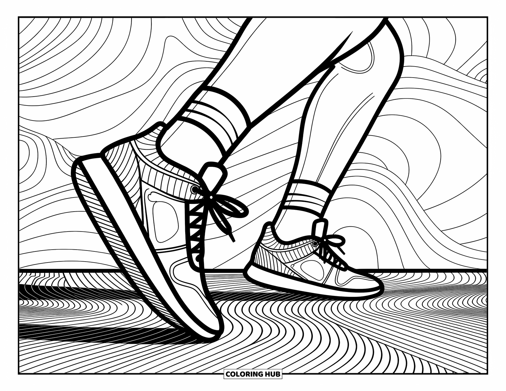 Dibujo de baloncesto para colorear para adultos: Juego de pies intenso y cancha estampada crean un momento rítmico y detallado en movimiento