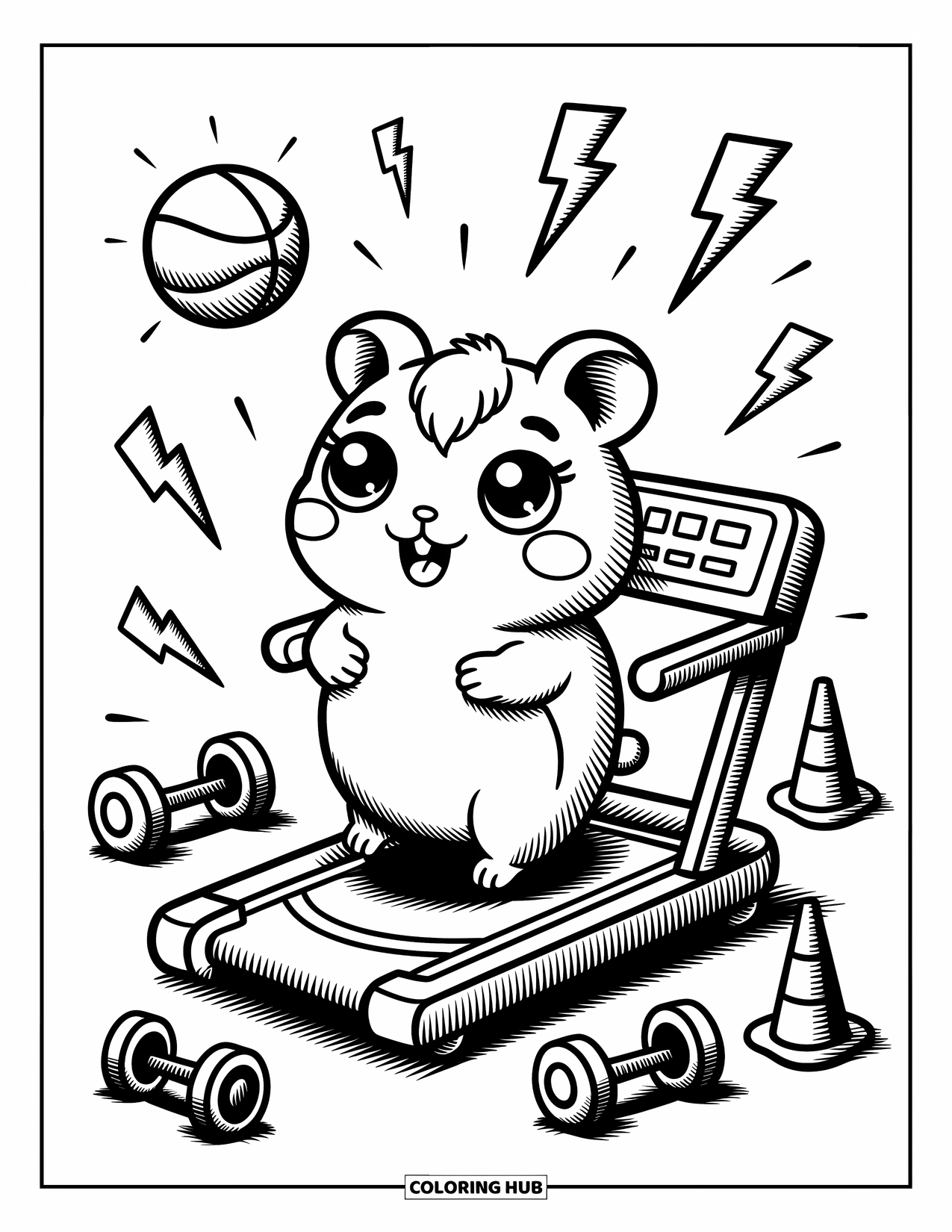 Dibujo de baloncesto para colorear para adultos: Un hámster kawaii corre alegremente en una cancha de cinta de correr, con un pequeño balón levantado en alto