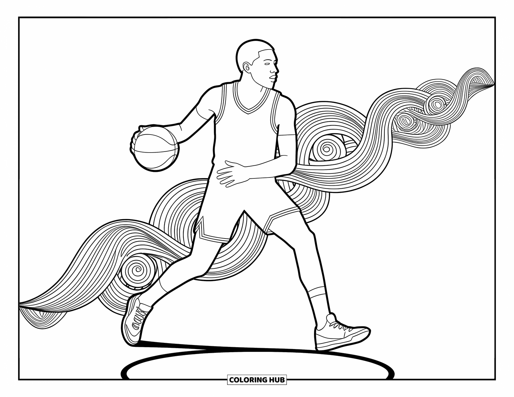 Dibujo de baloncesto para colorear para adultos: Movimiento de medio crossover con patrones elegantes que fluyen detrás, agregando movimiento y profundidad