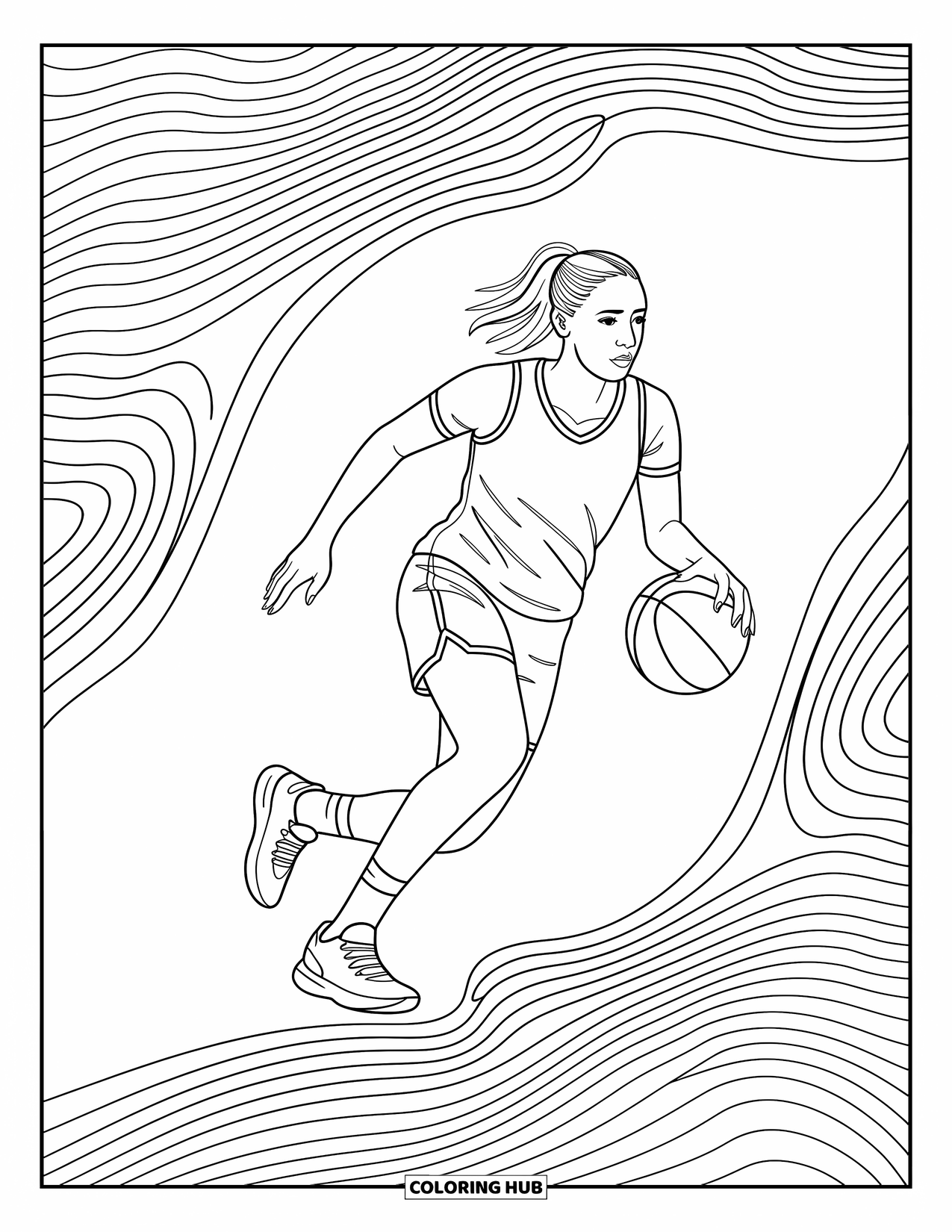 Dibujo de baloncesto para colorear para adultos: En medio del regate, un jugador se mueve con gracia a través de líneas arremolinadas y formas abstractas suaves
