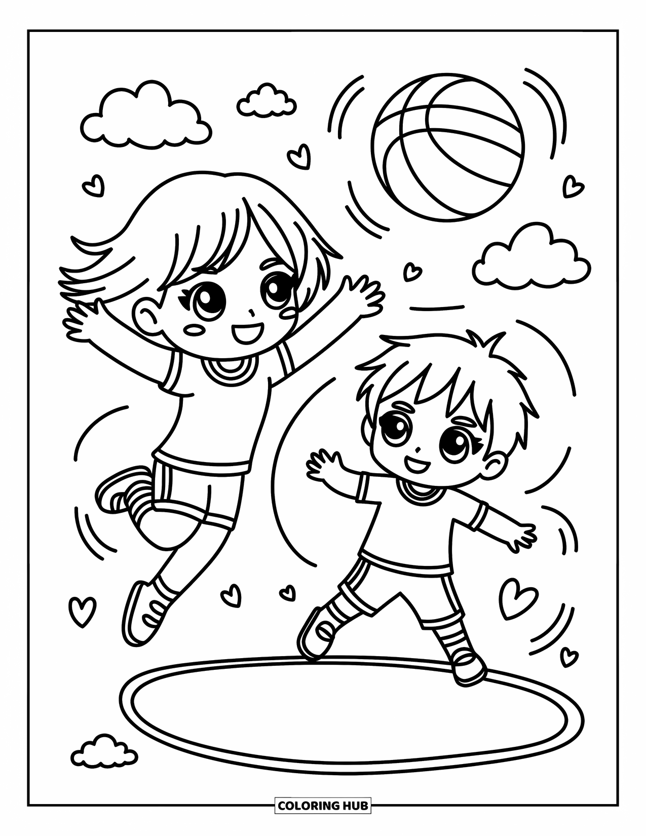 Dibujo de baloncesto para colorear para adultos: En pleno salto, una chica chibi intenta bloquear un tiro mientras una compañera de equipo se prepara para anotar