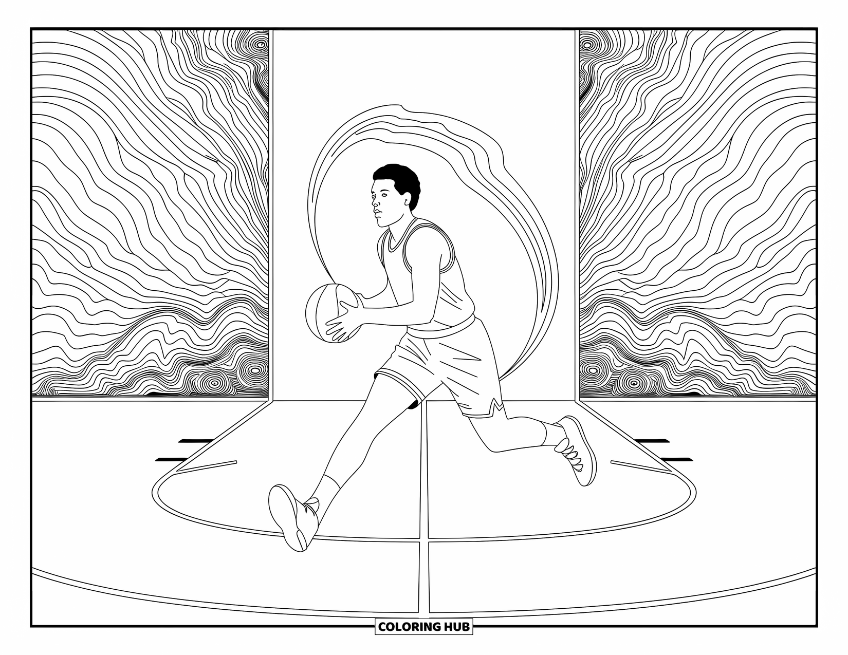 Dibujo de baloncesto para colorear para adultos: Base armador en medio de un crossover con líneas de cancha arremolinadas e intrincados patrones de arrastre