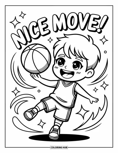Coloriage de basketball pour adultes : Un garçon chibi souriant montre un tir trick-shot avec un texte style BD et des lignes de mouvement ludiques