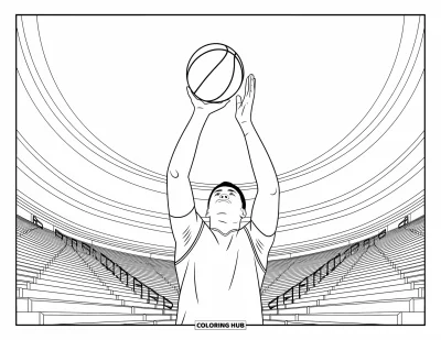 Coloriage de basketball pour adultes : Tir à trois points en mouvement, avec des arcs gracieux et des gradins à motifs en arrière-plan