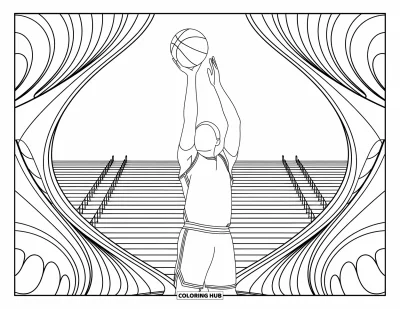 Coloriage de basketball pour adultes : Un tir à trois points monte haut, avec des lignes élégantes et des gradins complexes qui remplissent la scène