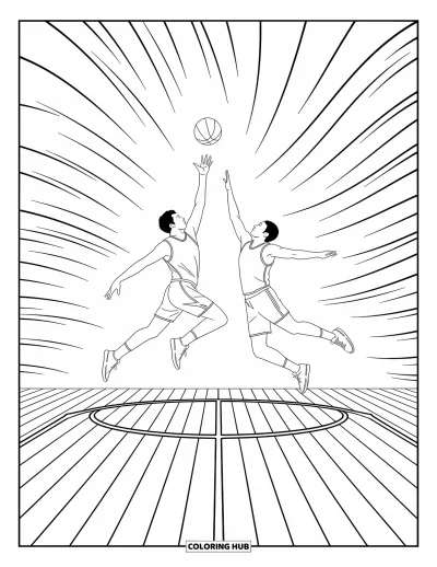 Coloriage de basketball pour adultes : Instant d’entre-deux figé en plein air, avec des lignes tourbillonnantes et un décor riche en détails