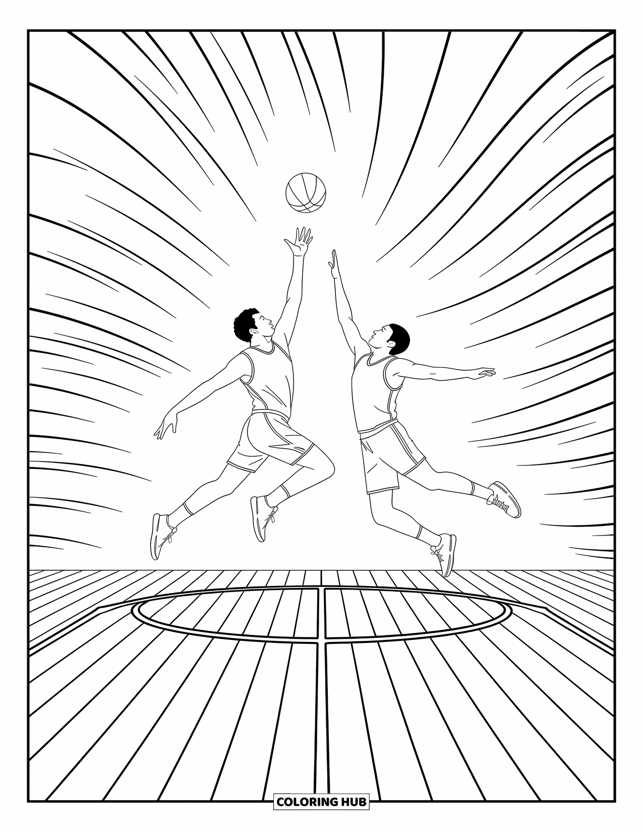 Dibujo de baloncesto para colorear para adultos: Momento del salto entre dos congelado en el aire, con líneas arremolinadas y diseños de fondo detallados