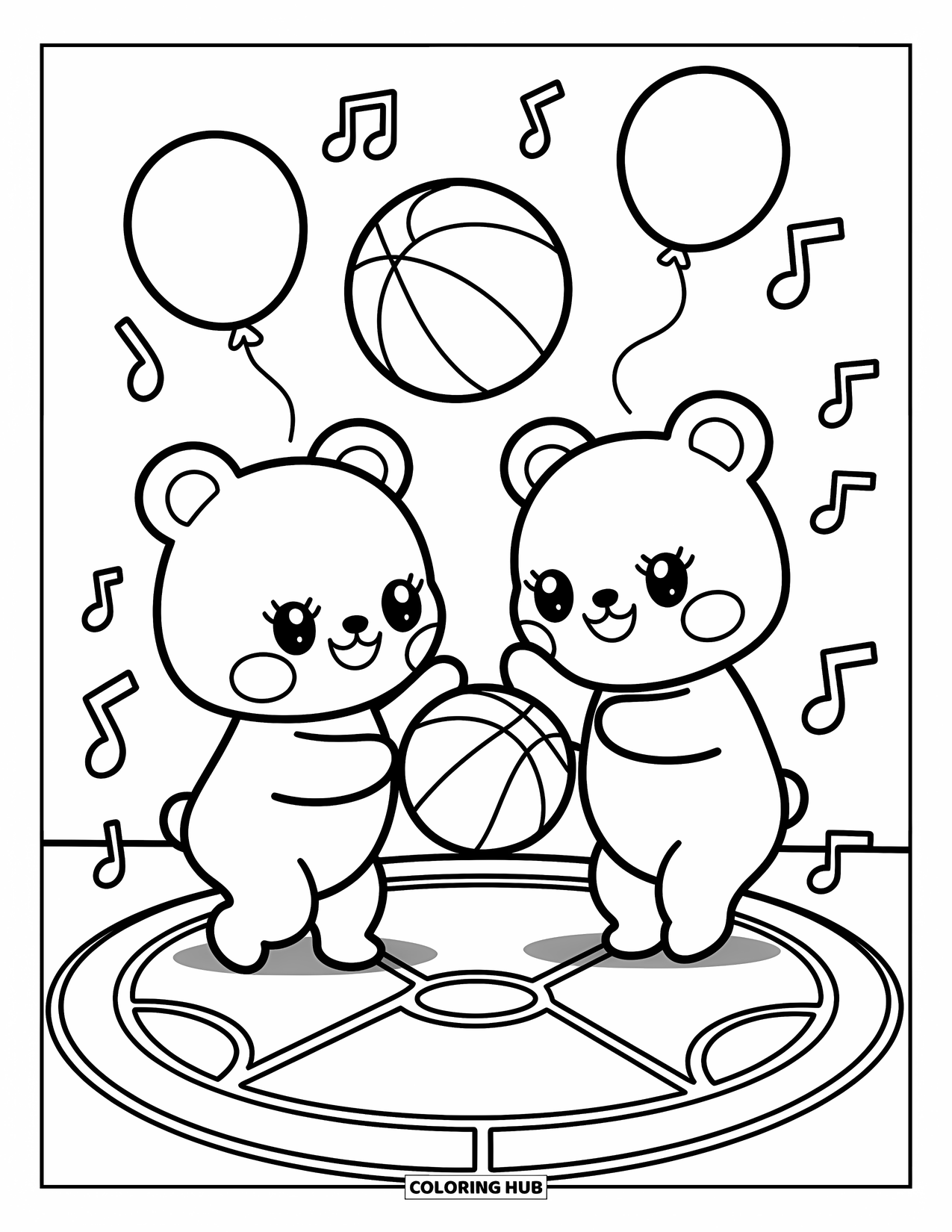 Dibujo de baloncesto para colorear para adultos: Dos amigos osos juegan al baloncesto alegremente, rodeados de globos y notas musicales flotantes