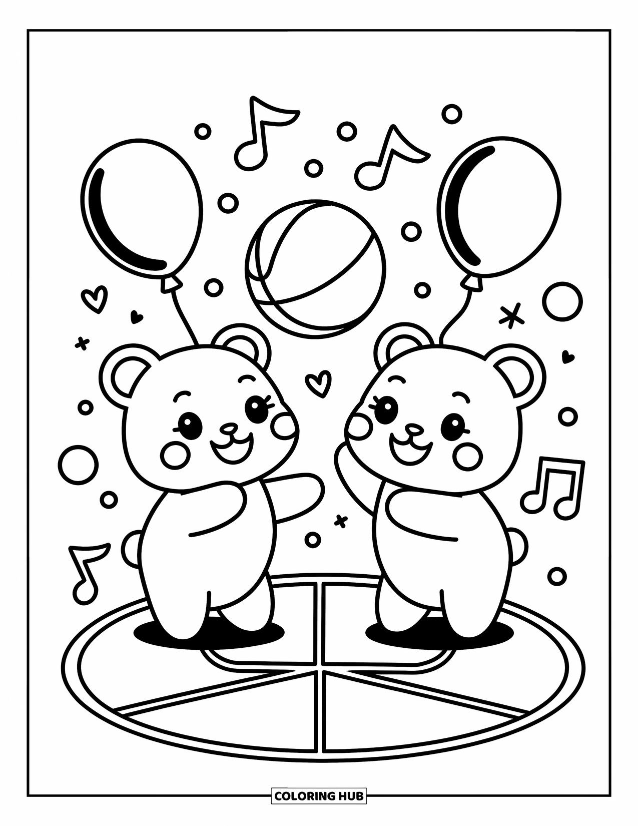 Dibujo de baloncesto para colorear para adultos: Dos amigos osos juegan al baloncesto alegremente, rodeados de globos y notas musicales