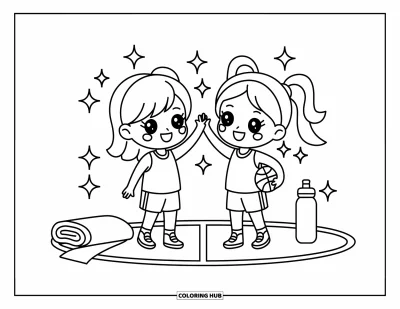 Coloriage de basketball pour adultes : Deux amis chibi se tapent dans la main après l’entraînement, l’un tenant encore le ballon