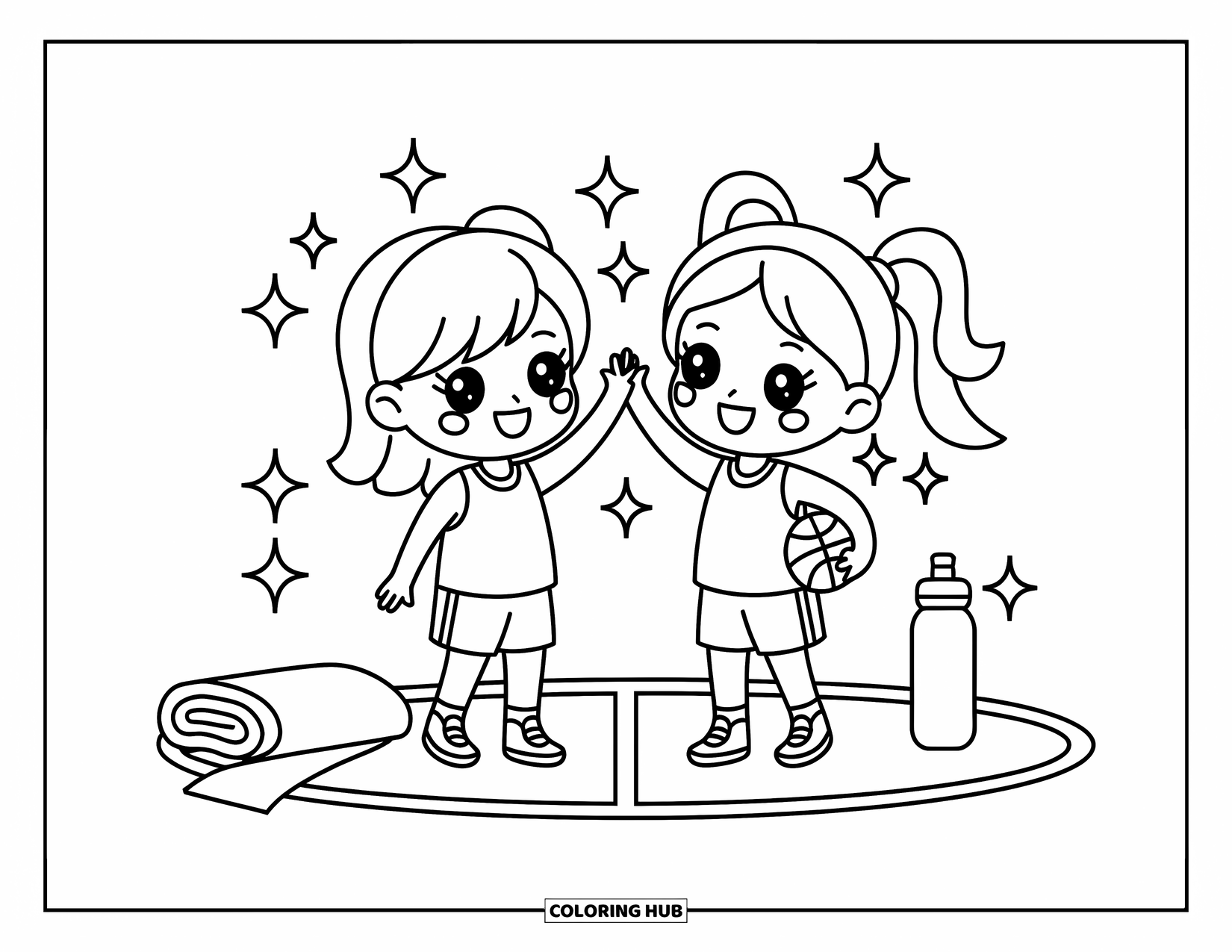 Dibujo de baloncesto para colorear para adultos: Dos amigos chibi chocan los cinco después de practicar baloncesto, uno de ellos todavía sosteniendo el balón