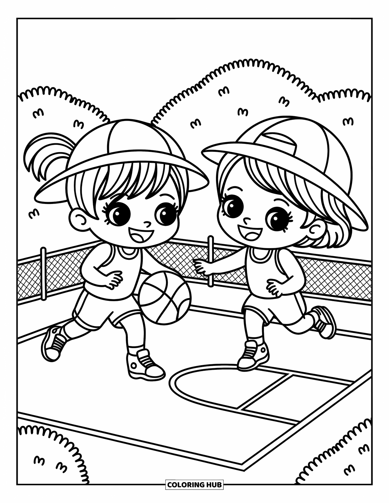 Dibujo de baloncesto para colorear para adultos: Dos niños chibi regatean alegremente en una mini cancha, con gorras y coletas rebotando de diversión