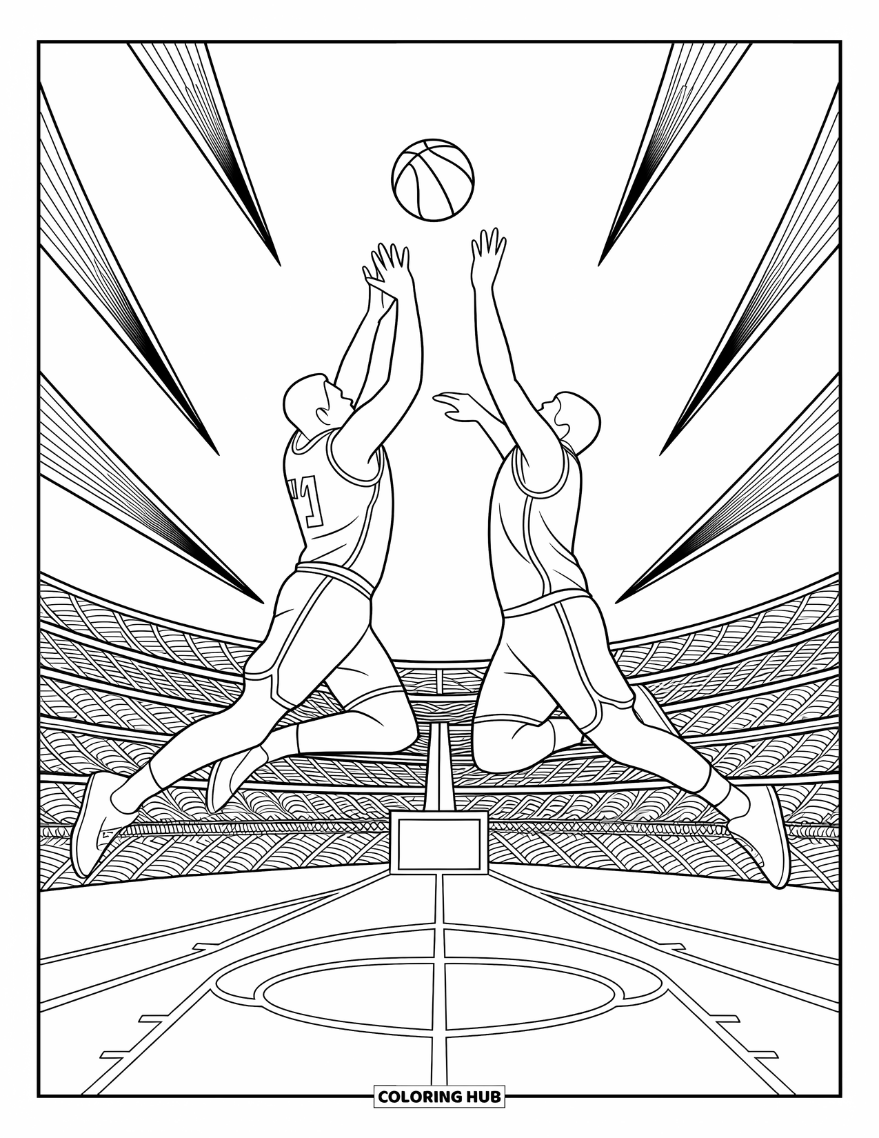 Dibujo de baloncesto para colorear para adultos: Dos jugadores saltan para el salto entre dos, rodeados de movimiento arremolinado y un elegante trabajo de patrones