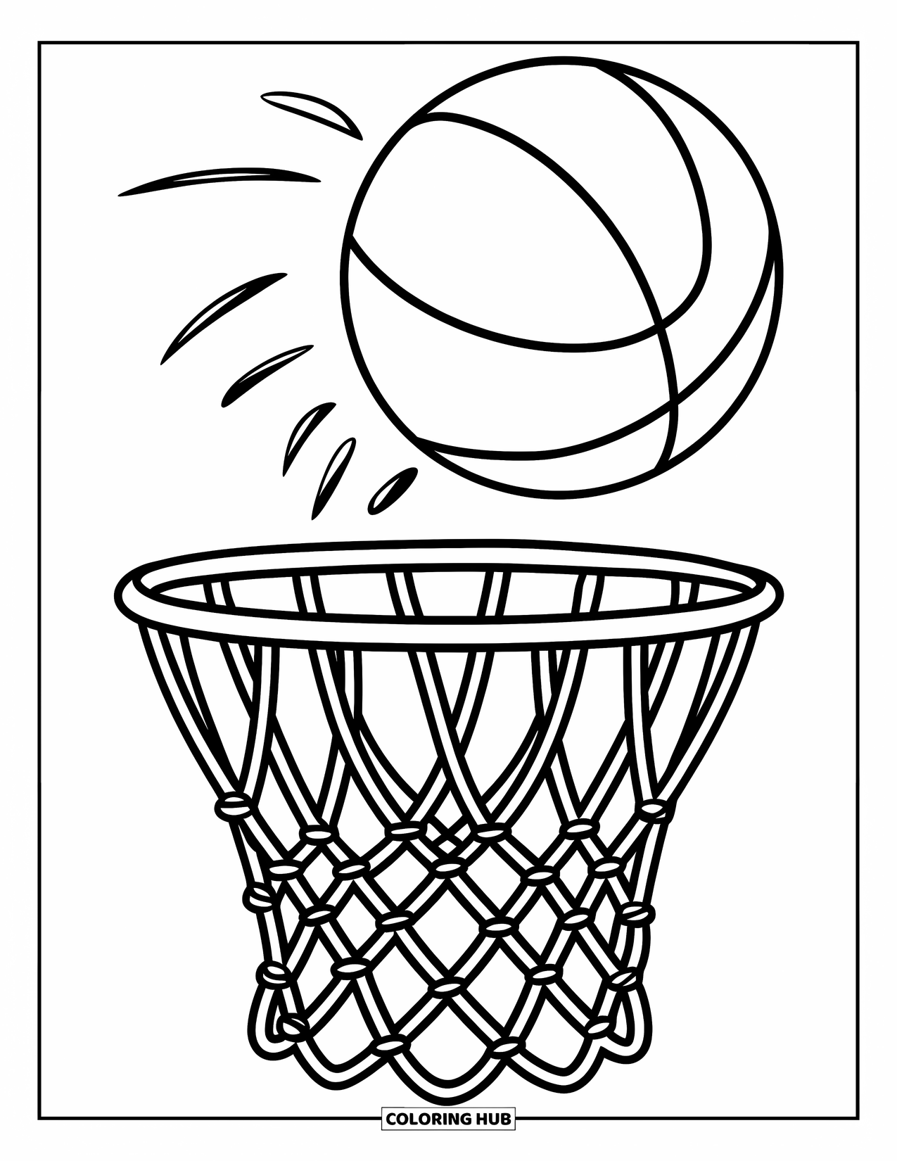 Dibujo de baloncesto para colorear para niños: Un balón vuela hacia una canasta para niños pequeños que descansa en el suelo